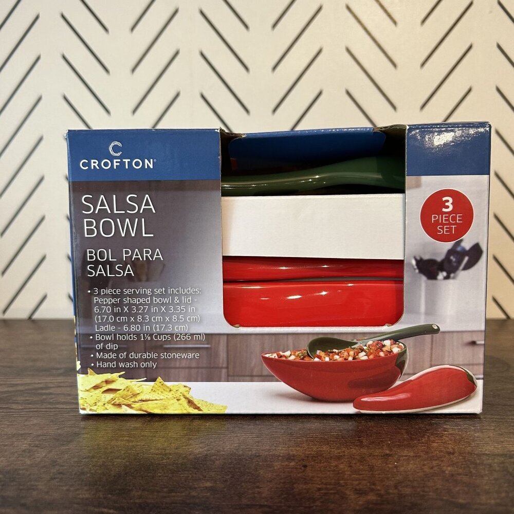 Crofton Stoneware Salsa Bowl 3 Piece Serving Set Spoon Ladle w/ Classic Recipe